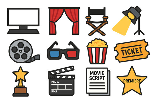 Cinema icons: popcorn, 3d glasses, film reel, movie script, award trophy