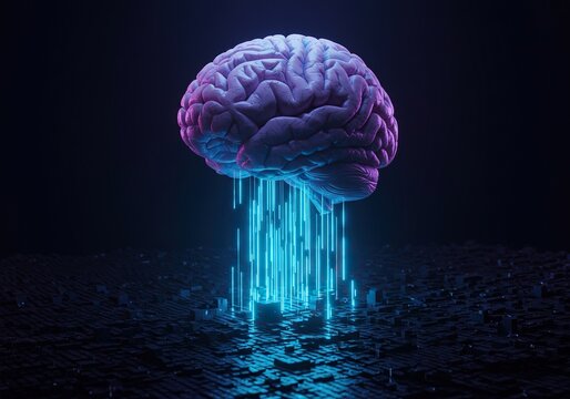 Artificial intelligence concept with a human brain glowing above a futuristic data network.