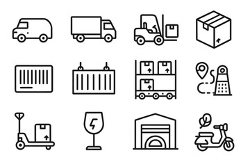 Logistics and delivery icons: trucks, forklift, warehouse, packages, barcode