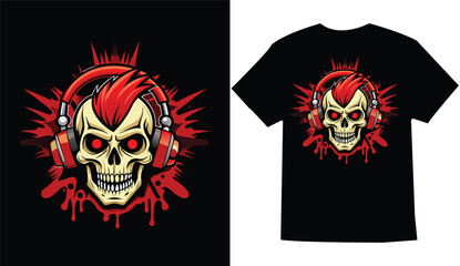 Skull with headphones and red mohawk graphic design for t shirt