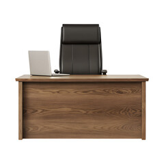 Modern wooden office desk with a black leather chair and a laptop on a white background