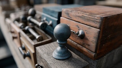 Close-up of antique wooden drawers with black metal knobs workshop storage concept vintage craftsmanship