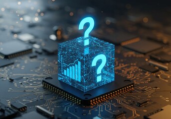 Glowing data cube featuring question marks and bar charts on a detailed circuit board.