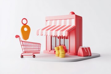 3d store with shopping cart location pin and coins