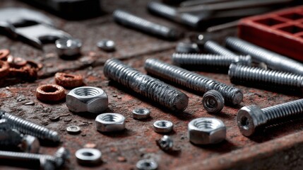 Rustic workshop table with bolts nuts screws and tools industrial mechanical craftsmanship workspace layout