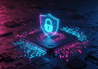 Cybersecurity shield with glowing padlock on a dark circuit board, symbolizing data protection.