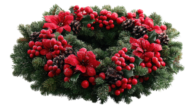 Vibrant red berry and pine cone wreath, a festive holiday decoration for your home