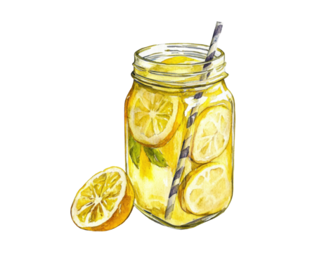 Hand-painted illustration of lemonade in a mason jar.