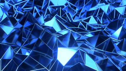 青色の光沢を放つポリゴンが構成する未来的で抽象的な3Dデジタル背景
