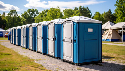 Orderly Row of Blue Portable Toilets Under a Sunny Sky at an Outdoor Festival.