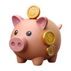 Pink piggy bank with gold coins isolated on transparent background