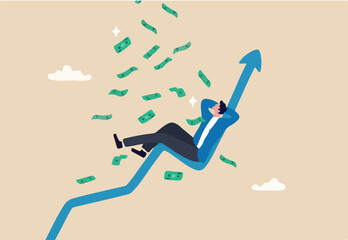 Easy money, passive income earn money while sleeping, get rich quick or success investment, earning from stock market, mutual fund or crypto concept, businessman sleep on bull market rising graph
