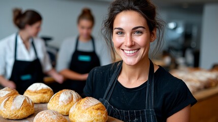 Woman is smiling and holding a tray of bread. She is wearing an apron and standing in a bakery