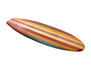 Colorful surfboard with vibrant wooden stripes.