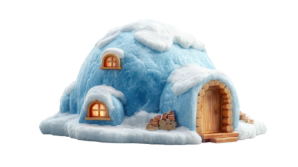 Charming small blue ice fishing house with window on a frozen lake, winter wonderland escape