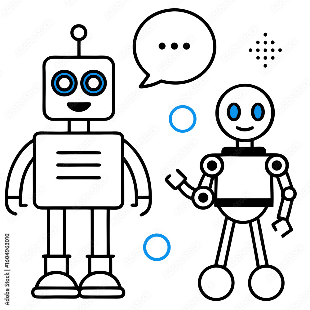 Poster two friendly cartoon robots communicating with a speech bubble and abstract shapes on a white backgr