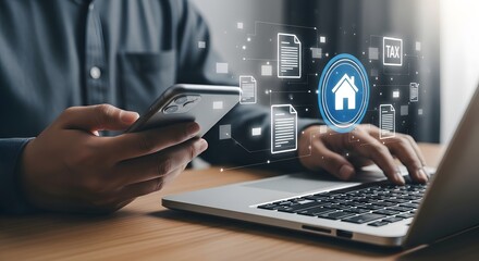 Person using smartphone and laptop with digital home and data interface