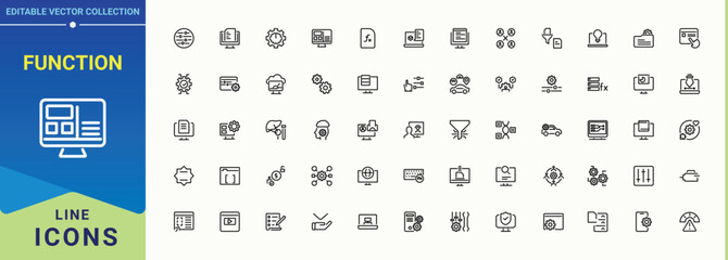 Function line icon set. Icons for website. Vector illustration. Pixel perfect. Cogwheel icon set. Contains such icons as specification, tech, overview and more.