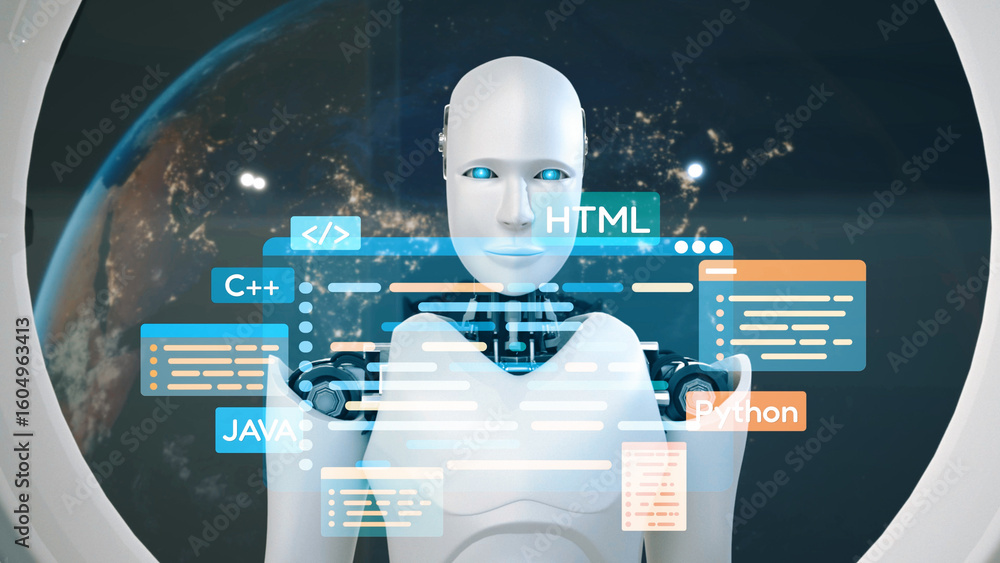 Poster ai artificial intelligence assists software development through smart coding tools, virtual assistan