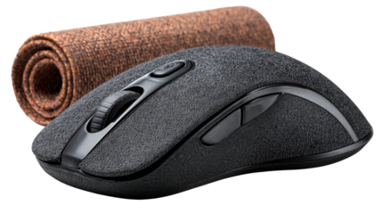 Closeup view of wireless mouse and mousepad on a sleek black background