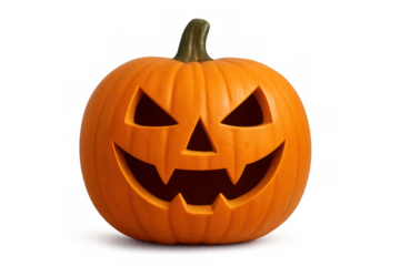 Carved orange pumpkin displaying menacing facial expression, glowing with eerie halloween spirit against transparent backdrop