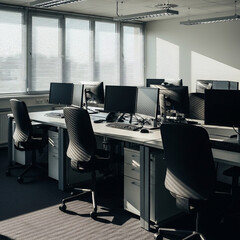 Modern empty office interior with desks computers and natural light from windows