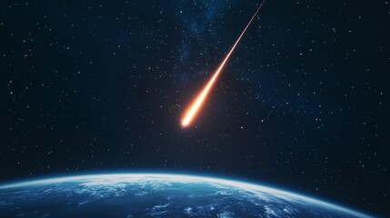 Large, bright, burning meteorite entering a planet's atmosphere, creating a dramatic cosmic event against a backdrop of stars and a distant galaxy