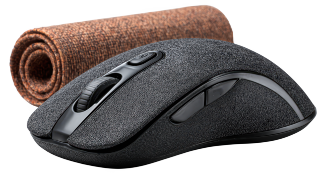 Closeup view of wireless mouse and mousepad on a sleek black background