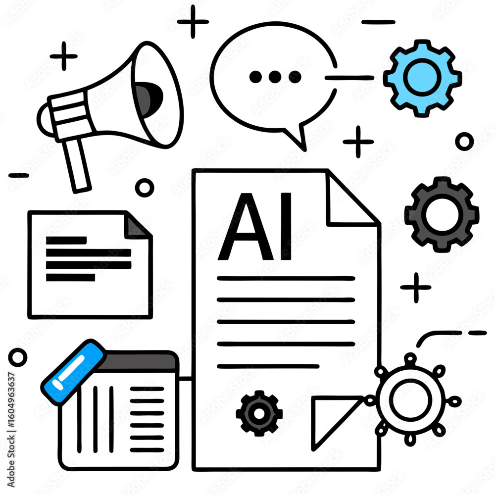 Poster artificial intelligence concept with documents gears and a megaphone representing communication and 