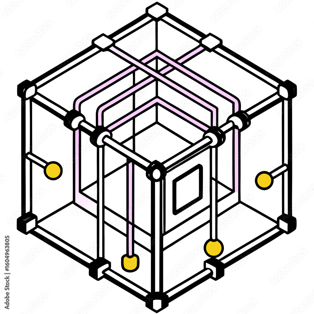 Poster abstract isometric cube structure with interconnected pipes and hanging spheres representing complex