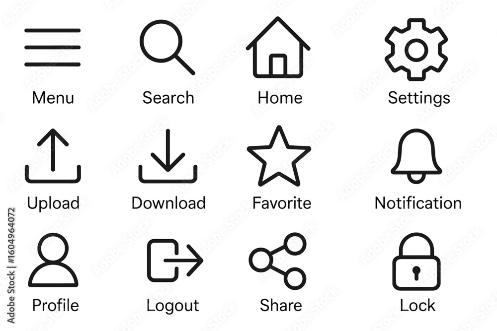 Poster set of twelve minimalistic user interface icon designs in black and white