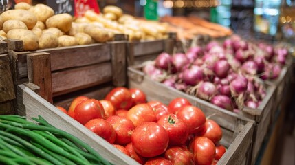 Obraz premium Fresh tomatoes onions and vegetables in rustic wooden market crate displayed at grocery store outdoors