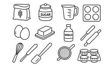 Baking essentials: ingredients and tools line art illustration