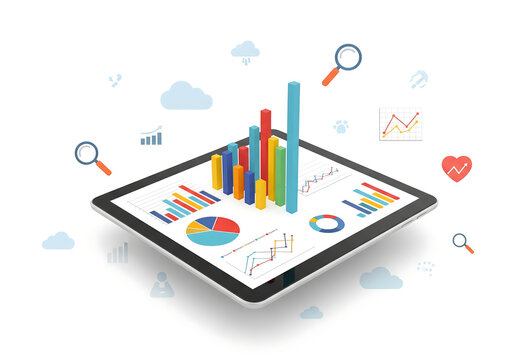 Tablet displaying financial charts and graphs isolated on transparent background