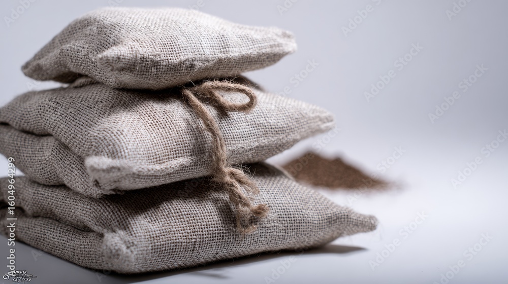 Aufkleber stack of burlap sacks filled with grains rustic storage and farming concept in neutral background