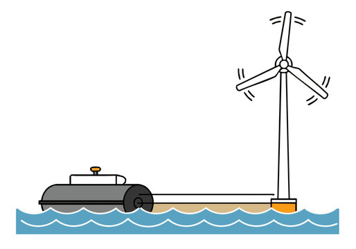 stylized illustration depicts a power roller generating electricity with a wind turbine connected to a floating platform Clean lines and a modern aesthetic create a visually appealing design