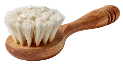 Closeup, natural wooden brush with white bristles for cleaning and grooming closeup