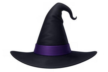 3d rendering of a classic pointy witch hat with a purple ribbon, isolated on transparent background, perfect for halloween projects