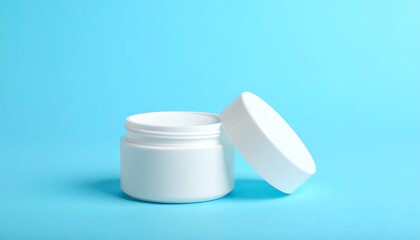 Minimalist White Cream Jar on Solid Blue Background 1