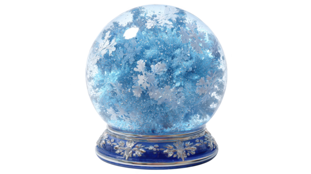 Enchanting winter wonderland, a snow globe with blue base and white platform