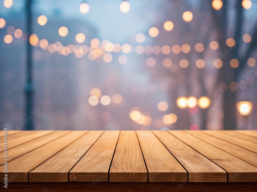 Aufkleber a wooden table with a blurred background of bokeh lights creating a festive and warm atmosphere for 