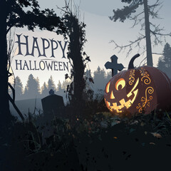 Halloween night background with spooky pumpkins and bats under a dark moon