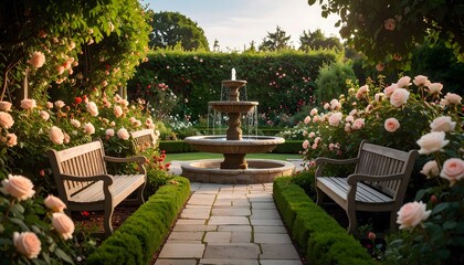 Roses surround fountain in garden view