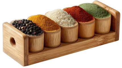 Rustic wooden tray showcasing an array of vibrant and aromatic spices for culinary delights