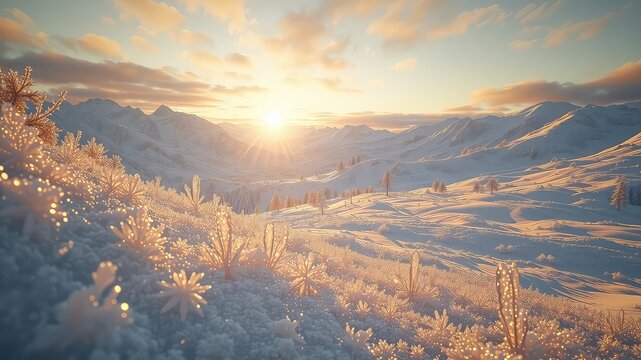 Winter landscape at dawn presents a snow-covered mountain range with the sun casting a golden glow over a frosty field - Powered by Adobe