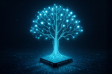 Glowing digital tree growing from a microchip, symbolizing AI and knowledge