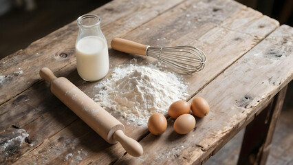 Flat lay photo of baking ingredients&mdash;flour, eggs, milk, rolling pin, and whisk&mdash;arranged on a rustic wooden table, top view, natural light, no people.

