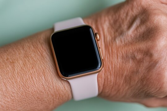 Senior individual checks health data on smartwatch in cozy indoor setting