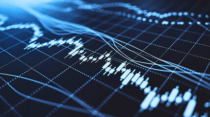 Close-up of a glowing blue digital stock market candlestick chart. Financial data analysis, investment, and trading concept.