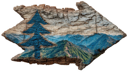 Serene mountain landscape carved on rustic wood, a piece of nature's art wooden